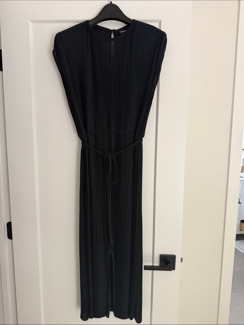 Hugo Boss Black Pleated Midi Dress with Waist Tie